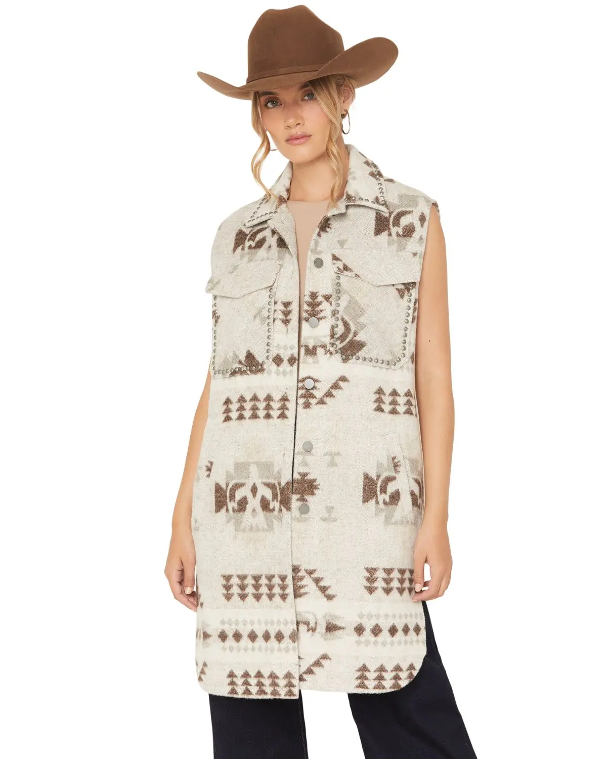Ashley Women's Women'S Southwestern Print Studded Button-Down Long Vest - Bb54232-Gy