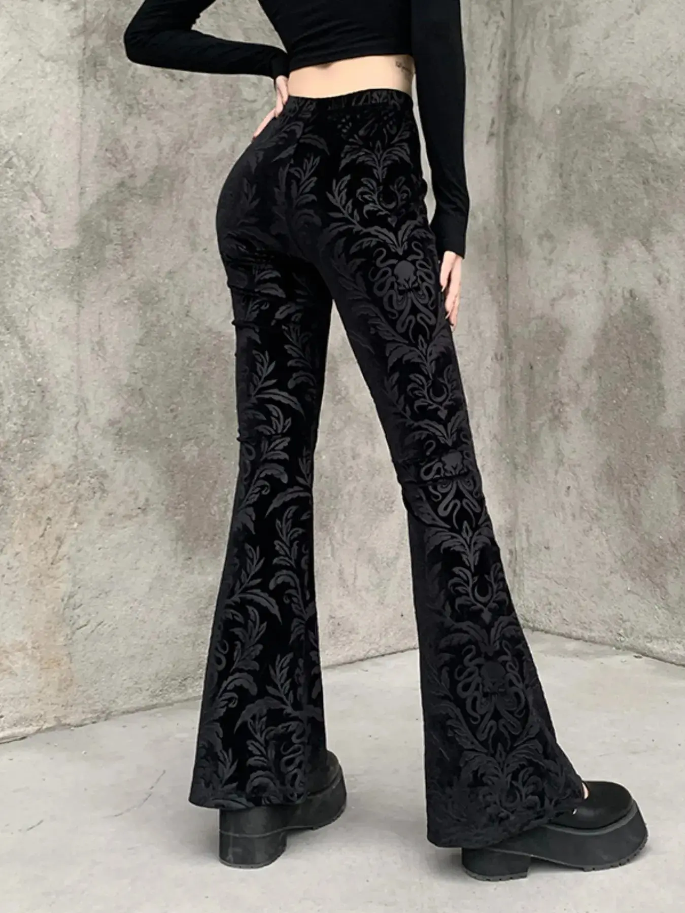 Women's Ethnic Pattern Elastic Waist Flare Leg Pants, Comfort Womenswear, Casual Trendy Versatile, Fall Clothes, Casual Comfy Bell Bottom Velvet Trousers for Fall