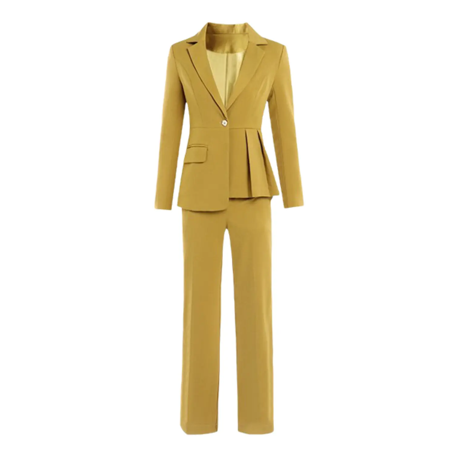 Elegant Mustard Yellow With Belt Irregular Jacket + Straight Pants Suit