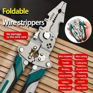 Heavy-duty folding wire strippers of high carbon steel, suitable for a variety of electrical jobs, providing precise wire stripping and crimping, durable, and designed for professional electricians.