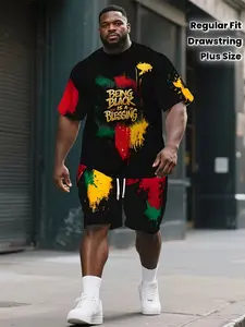 Men's Casual Sportswear Set 2-Piece, Workout Sets, Polyester Round Neck Short Sleeve T-Shirt & Drawstring Shorts, All-Over Print, Pocket Design