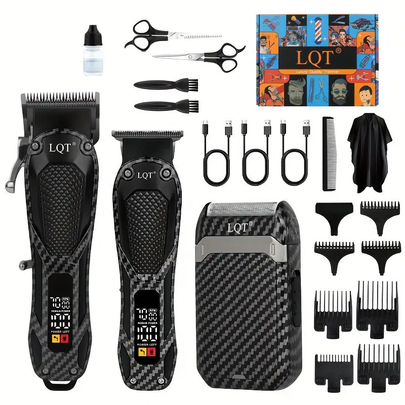 LQT Professional Rechargeable 3-Piece Cordless Barber Set Pack - Hair Clipper, T-Blade Trimmer, Foil Shaver for Men, 7000RPM Motor, Carbon Fiber Finish, LCD Display, USB Port, EU Type, Ideal for Beard Styling, Smooth Shave
