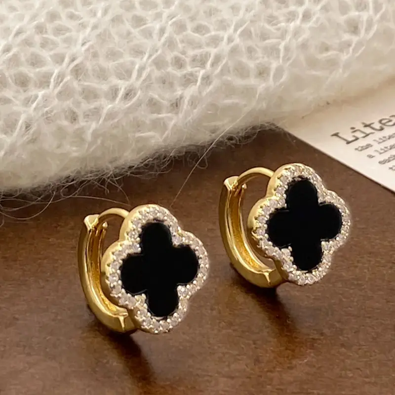 Elegant French Vintage Copper Ear Ring Set, Zirconia Decorated Clover Design, Fashion Women's Jewelry, Multi-Purpose Floral Pattern, Clover Earrings, Trendy Jewelry