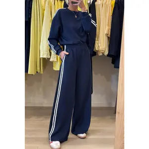 Dirty Blue Varsity Striped Detail Cropped Pullover Wide Leg Pants 2pcs Outfit