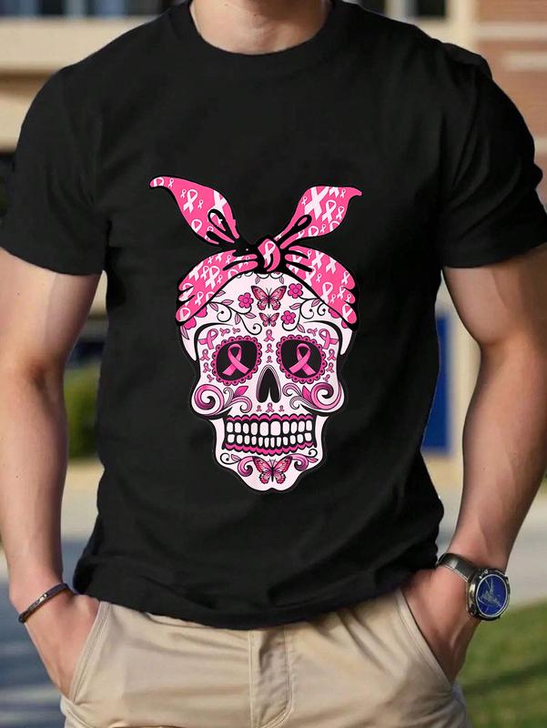 100% Cotton Sugar Skull Pink Ribbon Bandana Calavera Breast Cancer T-Shirt