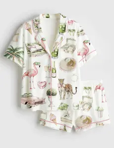 Watercolor Palm Club Summer Miami Beach Vacation Pajama Set, Christmas Watercolor Palm Sleepwear Gifts For Her Holiday