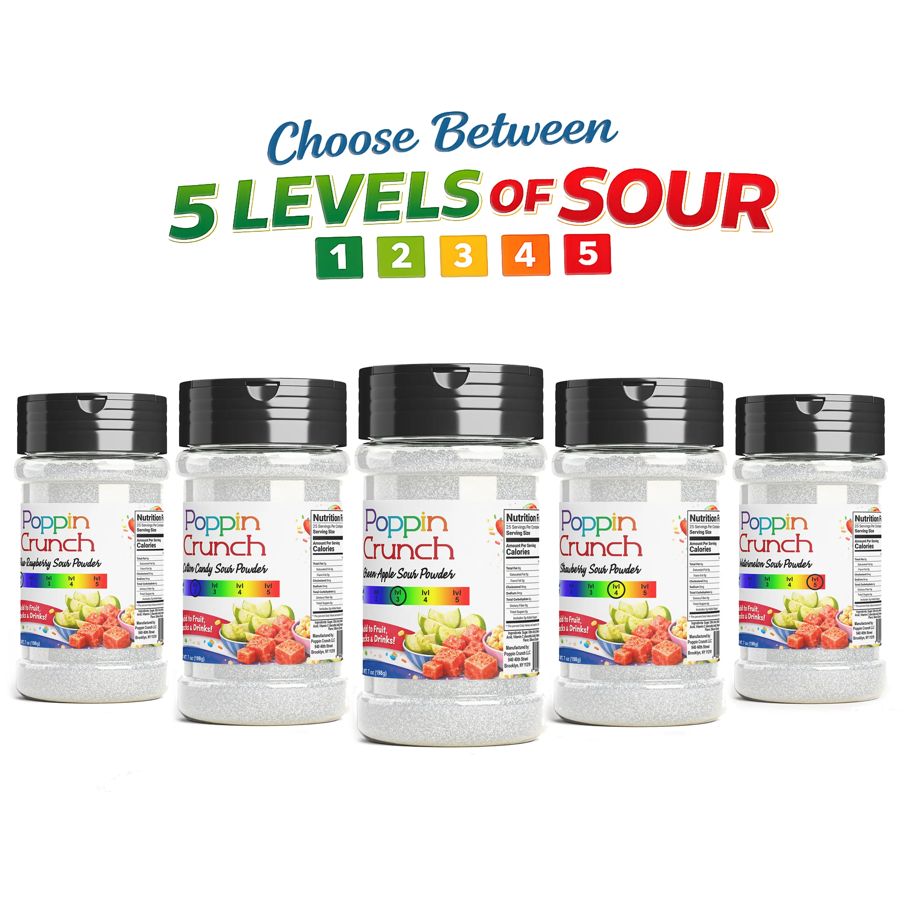 Poppin Crunch 7 Ounce Sour Dust, Sour Candy Powder, Sour Seasoning – 5 Levels of Sour. 11 Explosive Flavors.