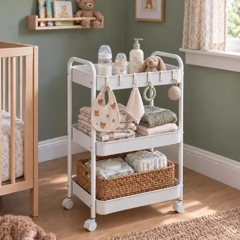 3-Tier Movable Metal Storage Cart - 30.5x11.7x11.4" Slim Rectangular Home Organizer Rack with 6 Hooks, Handle, Plastic Fruit Holder, Adjustable Shelf, 360° Smooth Roll for Kitchen, Room Storage, Bathroom