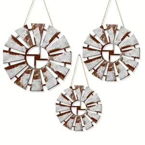 3-Piece Wooden Windmill Wall Decor Set, Rustic Farmhouse Art Decoration for Living Room Bedroom Patio Office Shop, Vintage Kitchen Wall Ornament