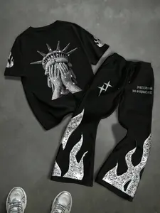 Unisex Street Style 2-Piece Set, New York Shy Statue of Liberty Flame Print Short Sleeve & Long Pants,Suitable for streetwear, High Street Culture, Trendy,Men's Gifts,Couple outfits
