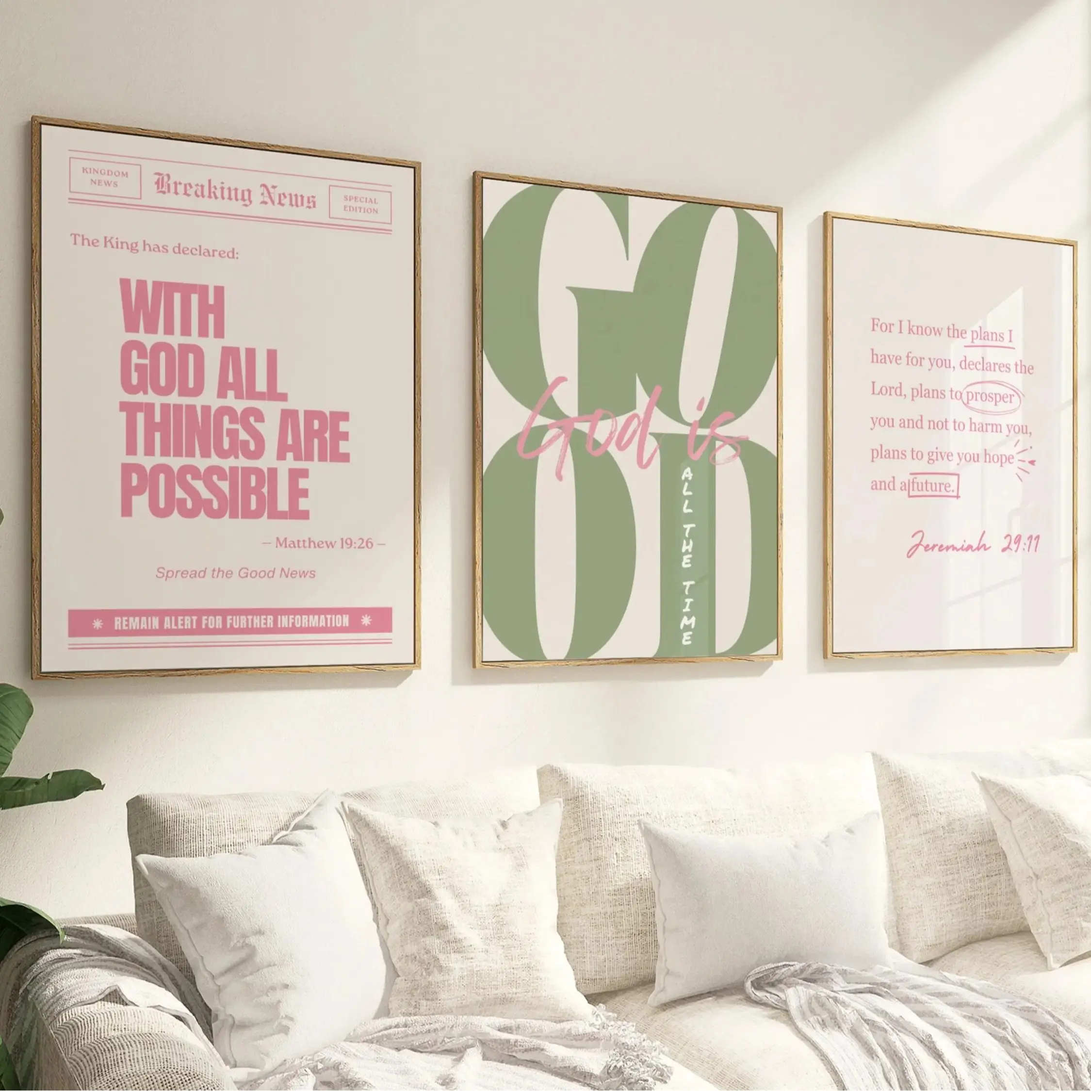 Set of 3 Pink Sage Green Girly Christian Poster Unframed God is Good All The Time Print Jeremiah 29 11 Wall Art With God all Things Are Possible