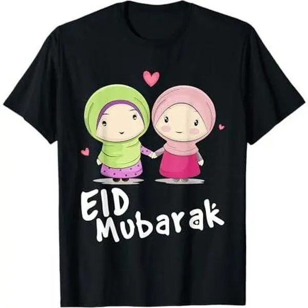 Happy Eid Mubarak Calligraphy With Hijab Muslim Girls T-Shirt