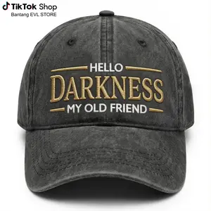 Hello Darkness My Old Friend Washed Hat, Funny Vintage Embroidered Quote Cap, Sarcastic Humor Distressed Baseball Hat, Retro Attitude Adjustable Hat For Men Women