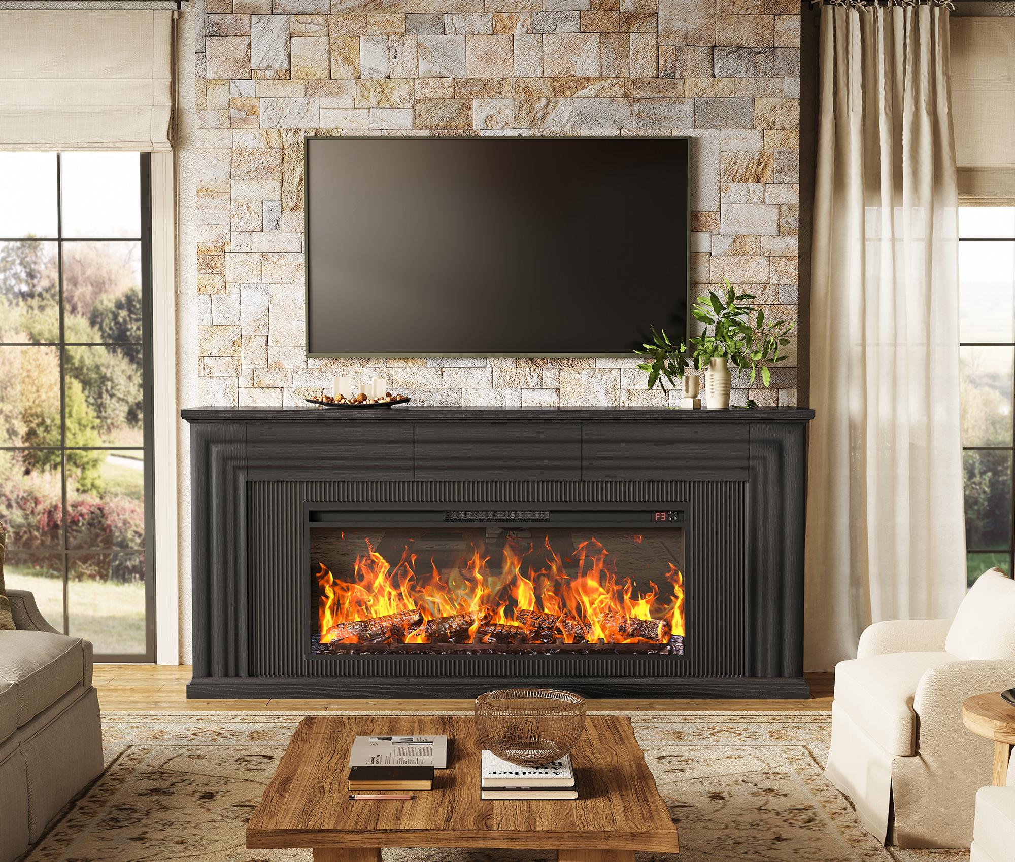 【2 Packages Shipping】PRAISUN 70'' Fireplace TV Stand with 42'' Electric Fireplace, Farmhouse TV Stand for 65 75 Inch TV, Entertainment Center TV Console with 3 Drawers, Fluted Design, for Living Room