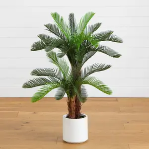 40" UV Resistant Artificial Double Cycas Palm Tree in White Decorative Planter (Indoor/Outdoor)