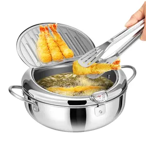 Stainless Steel Deep Pot, Fried Chicken Pot, Tempura Frying Pot, Deep Tempura Pot with Thermometer and Lid, Stainless Steel Cookware, 114.97 oz