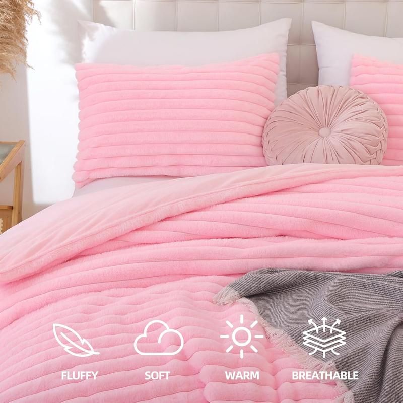 Fluffy  Comforter Set 3 count - Pink Fleece Fluffy Comforter  Set, Luxury Fuzzy  Bed Set, Soft & Warm Bed Comforter  All Season, Heavy  Bedding with 2 Pillow Cases