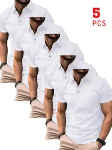 Men's Pure Color Polo Short Sleeve Top, Breathable Quick-Dry Golf Casual Shirt, Lightweight Elastic Polyester Button Design