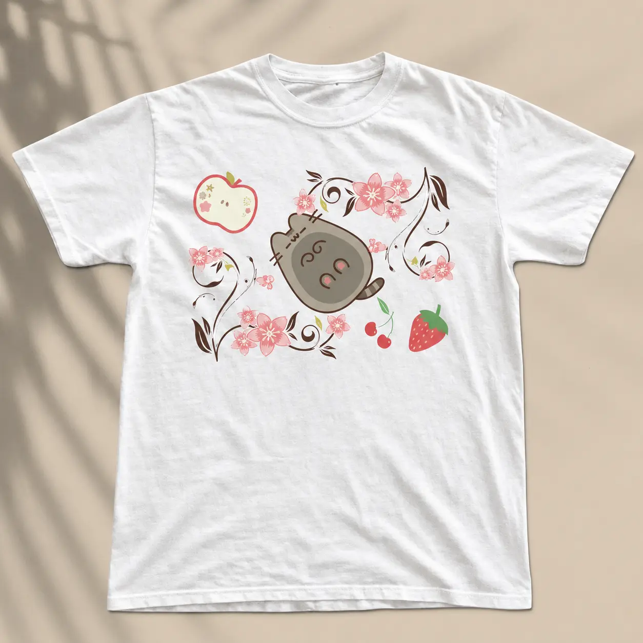 Gildan Vintage Pusheen Pink Cat T-Shirt, Cute Cherry Blossom Fruit Graphic Tee, Japanese Style Pastel Aesthetic Gift Shirt, Unisex Comfort Fit
