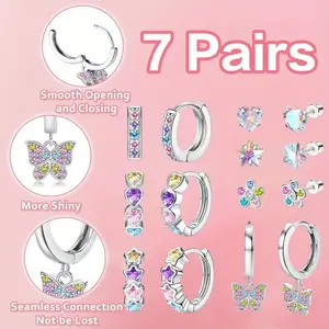 7Pairs Elegant Cute Copper Huggie Hoop Earrings Set,Synthetic Zirconia,Double Love Heart,Butterfly,Star,Cartilage Designs, Sensitive Ear Friendly