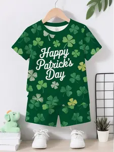 Kids St. Patrick's Day Short Set - "Happy Patrick's Day" Shamrock Print Short Sleeve T-Shirt and Shorts Outfit (Dark Green)