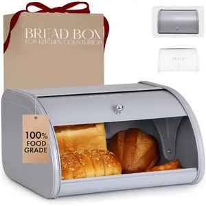 Modern Metal Bread Box for Kitchen Countertop, Farmhouse Homemade Loaf Bread Storage Bin Holder for Kitchen Counters Organizer, Airtight Roll Top Sourdough Corner Breadbox Container Keeper
