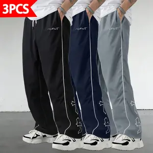 Men’s 3-Piece Trendy Striped Print Wide-Leg Pants Set  Loose Fit, Drapey Fabric, Drawstring Waistband, Breathable Casual Style for Summer, Suitable for Fitness and Streetwear, Activewear, Athletic