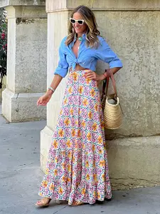 Boho Floral Patterned Tiered Maxi Cotton Skirt Womenswear Basic