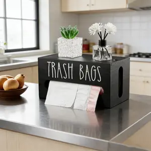 Wood Garbage Bag Dispenser with One-Touch Operation - Storage Box for Kitchen, Bathroom & Living Room - Dispensing Trash Can Organizer (No Manual Refills)