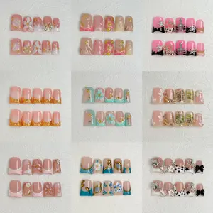 Nailluna Twin Set Pressed On Nails - 2 Designs, Unique Flared Cute Shape, Handmade, Playful Look, Thick Durable, Sparkly Studded Rhinestone, Easy to Apply, Removable False Nails Art Gift Set
