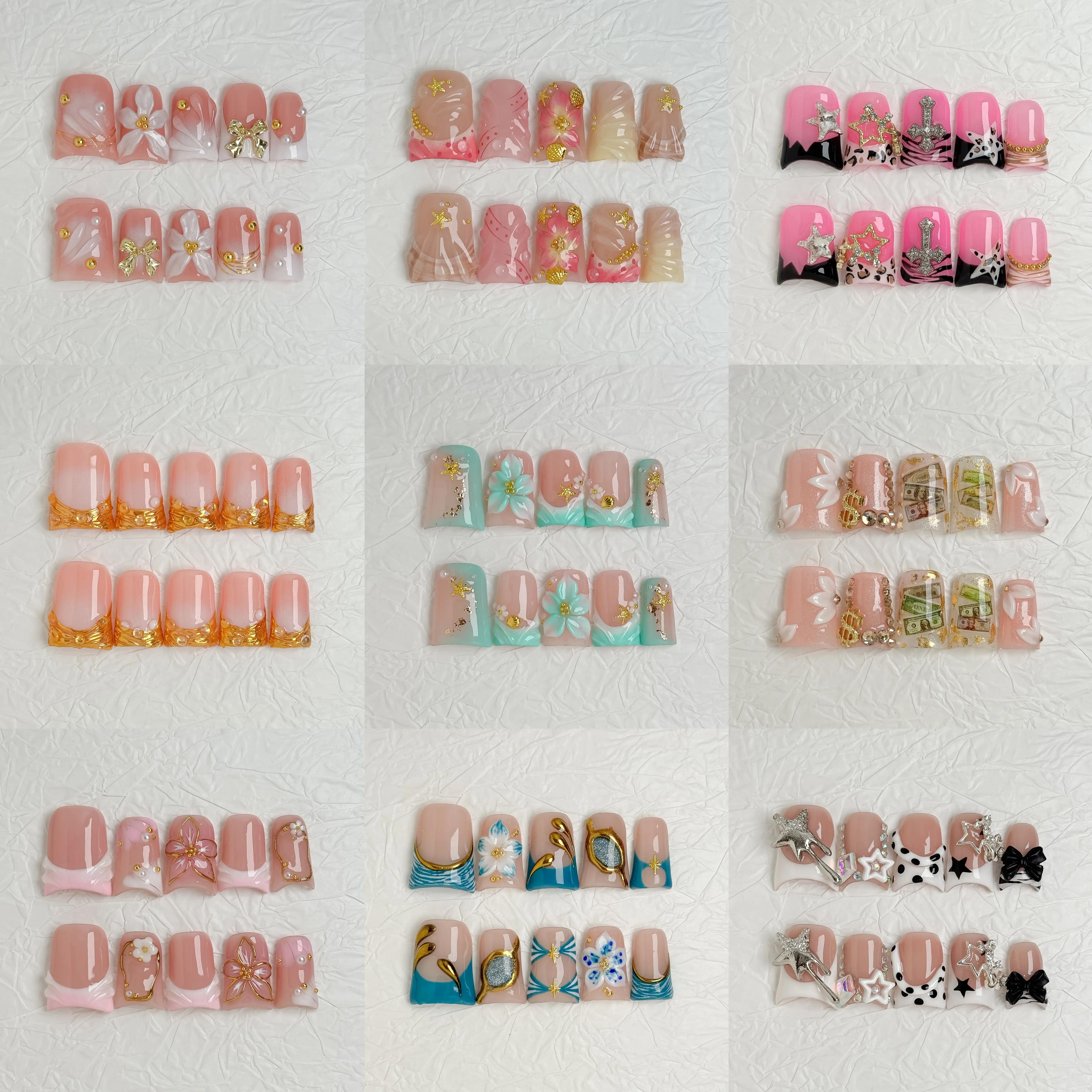 Nailluna Twin Set Pressed On Nails - 2 Designs, Unique Flared Cute Shape, Handmade, Playful Look, Thick Durable Build, Sparkly Studded Rhinestones, Easy Application, Removable Nail Art Gift Set, Nail Press On Nails