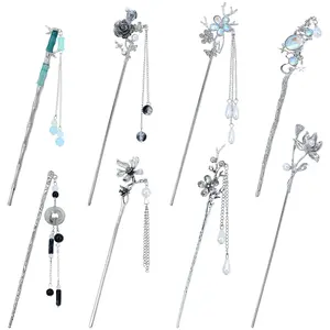 8 count Retro   Chinese Traditional Hanfu  Metal Flower Hair Sticks with  Bead Pendants  Lotus Long Hair Chopsticks Forks Bun Updo Holders Hairpins for Women Girls