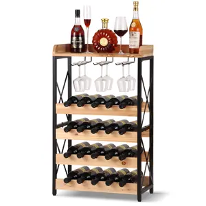 Morden Freestanding Solid Wood Wine Rack Freestanding, 5-Tier Wine Storage Shelf with Wobble-Free Countertop, 20-Bottle Stackable Wine Glass Holder Rack for Home Bar, Kitchen, Dining Room