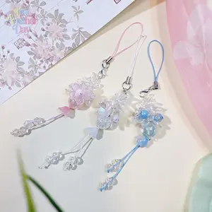 3-Pack Japanese Style Delicate Flower Phone Charms, Iridescent Beaded Floral Bag Charms, Minimalist & Elegant Pastel Pink/White/Blue Keychain Accessories