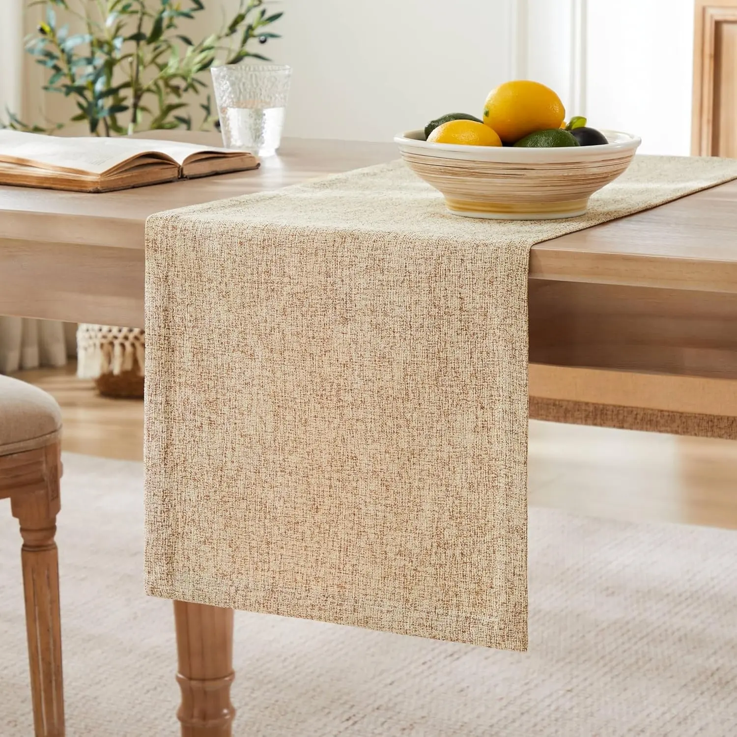 Burlap Style Farmhouse Table Runner, 14x60 Inches Oatmeal Beige | Thick Durable Fabric, Mitered Corner Design, Rustic Woven Dining Table Runner, Machine Washable Everyday Table Scarf
