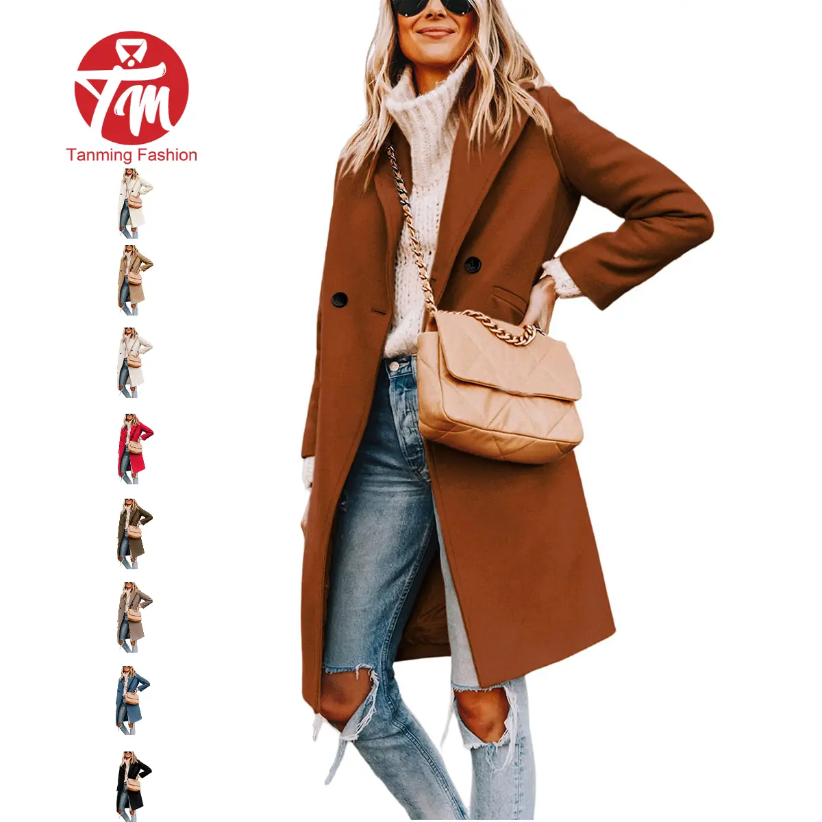 Tanming Women's Knee-Length Collared Wool-Blend Peacoat - Casual, Single-Breasted, Long Sleeve, Minimalist Tops Outerwear with Polyester for Spring, Fall