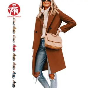 Tanming Women's Knee-Length Collared Wool-Blend Peacoat - Casual, Single-Breasted, Long Sleeve, Minimalist Tops Outerwear with Polyester for Spring, Fall
