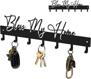 Fashion Phrase Key Holder Wall Mount,Bless My Home Key Hooks for Wall Decoration,Black Metal Key Hanger with 7 Hooks for Entryway,Office,Living Room Decor