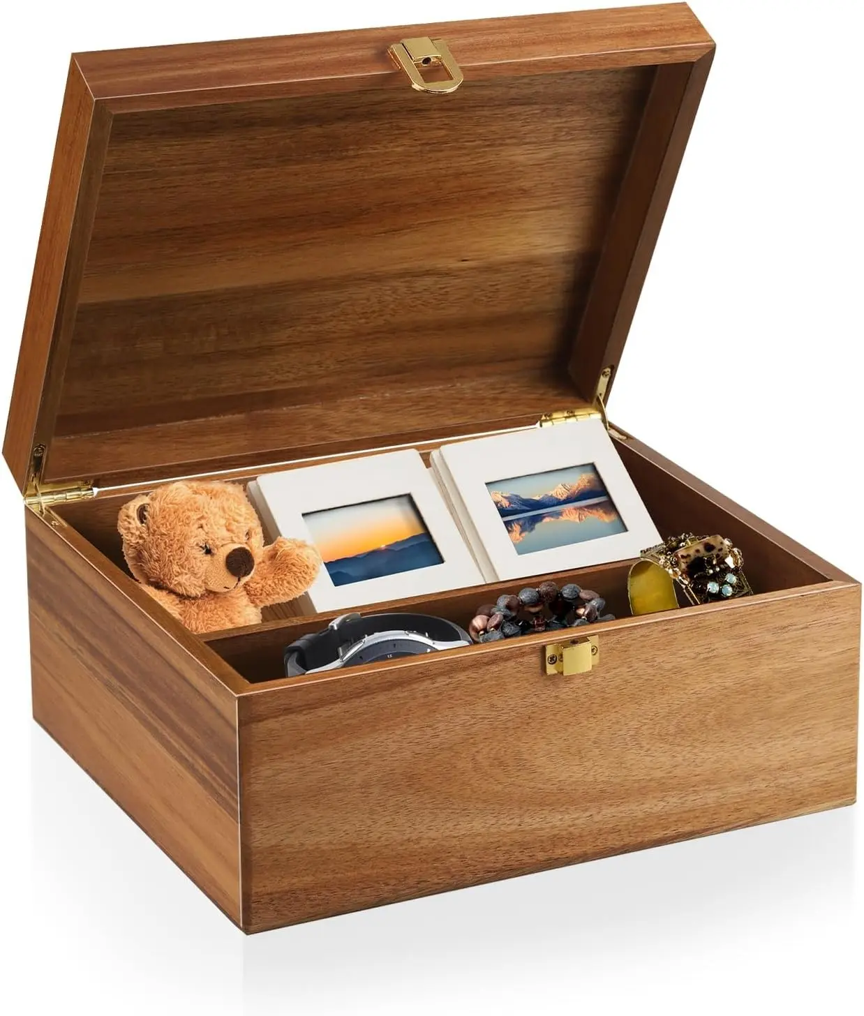 Wooden Keepsake Box, Large Acacia Decorative Storage Boxes with a Hinged Lid, Memory Treasure Box with Dividers for Crafts and Photo Storage
