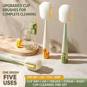 5-in-1 Multifunctional Cup Cleaning Brush, Sponge Bottle Brush with Straw Cleaner All-in-One Cup Brush Set for Tumblers, Lids, Straws & Water Bottles