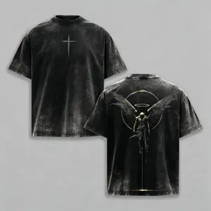 Archangel Graphic Tee Heavyweight Cotton Acid Wash Oversized T-Shirt Men Women Gym Pump Cover Dark Streetwear Fallen Angel Cross Gothic Alt Clothing Vintage Y2K Retro Christian Aesthetic Crusader Armor Grunge Top Trendy TikTok Fashion Casual Wear