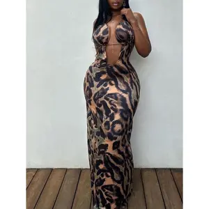 Women's Leopard Print Backless Maxi Dress - Bold Halter Neck, Sexy Sleeveless Fit for Parties, Club Nights & Summer Vibes Does not apply