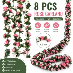 8-Pack 8.2 ft Artificial Rose Vine Garland - Pink Silk Fake Flowers with Green Leaves, Hanging Decor for Room, Wedding, Festive Ornaments, Wall Arch Decoration, Spring Floral TikTokshopspringglowup