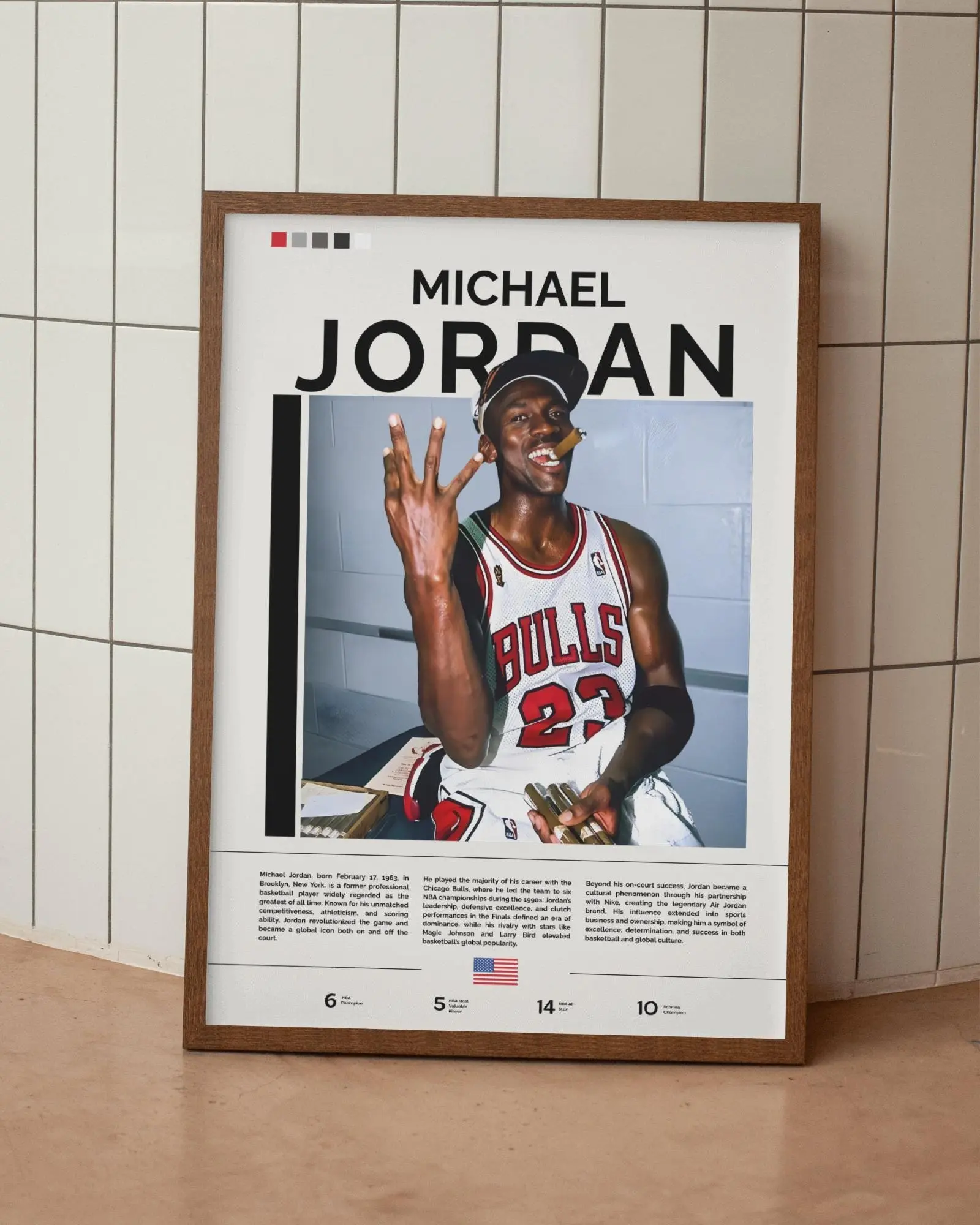 Michael Jordan Chicago Bulls NBA Poster - Framed/Unframed Home Decor Wall Art with Hangable Wood Frame Option, Multiple Sizes, Basketball Fan Gift, Decorative Print in Protective Box