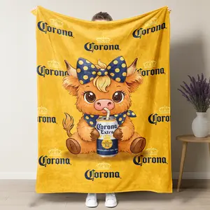 Corona with Highland Cow Throw Blanket, Funny Blue Polka Dot Bow & Repeating Crown Logo Print Soft Flannel Blanket, Perfect Cozy Gift for Beer Lovers & Highland Cow Fans, Warm Decor for Sofa Bedroom Cave