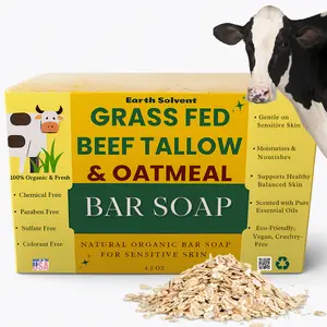 Earth Solvent Grass Fed Beef Tallow Soap & Oatmeal Bar For Sensitive Skin - 100% Organic, Chemical-Free, Paraben-Free, Sulfate-Free, Colorant-Free, 4.5 oz