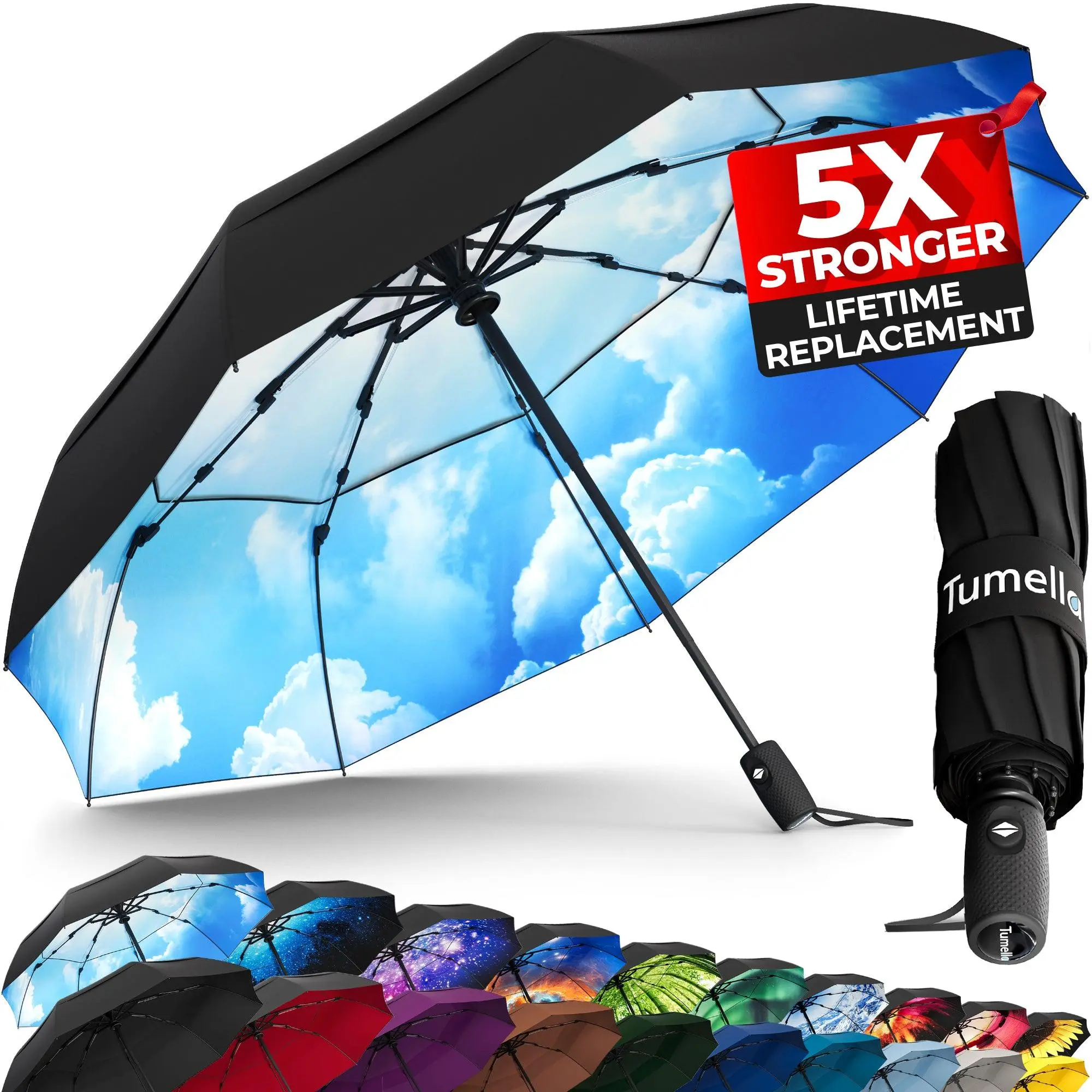 Tumella 9-Rib Design Blue Skies Umbrella Fiberglas