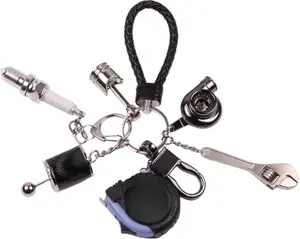 8pcs Car Keychain Set - Gunmetal Turbo + Six Speed Shift Gearbox + Spark Plug + Piston + Silver Wrench + Carabiner + Loop Keychain