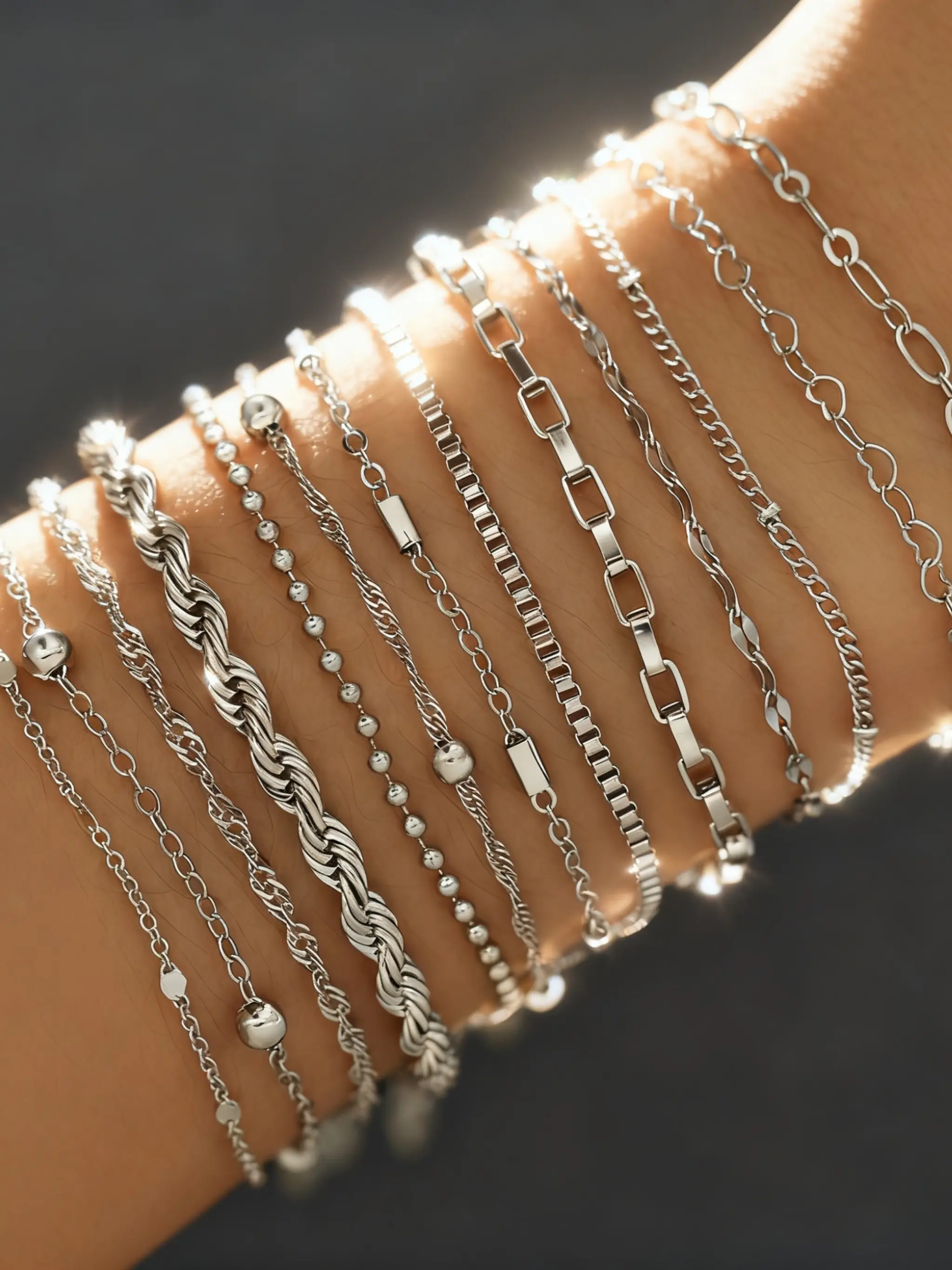 13 Piece Silver Color Fashion Simple Layered Bracelet Set for Girls, Daily Wear Jewelry, Party Style, All Seasons, Stackable Bracelets, Stacked Bracelets