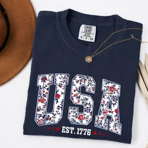 Comfort Colors Retro Floral USA Shirt – Soft Cotton, Unisex Fit, Classic 4th of July Style, Perfect for Celebrating America!